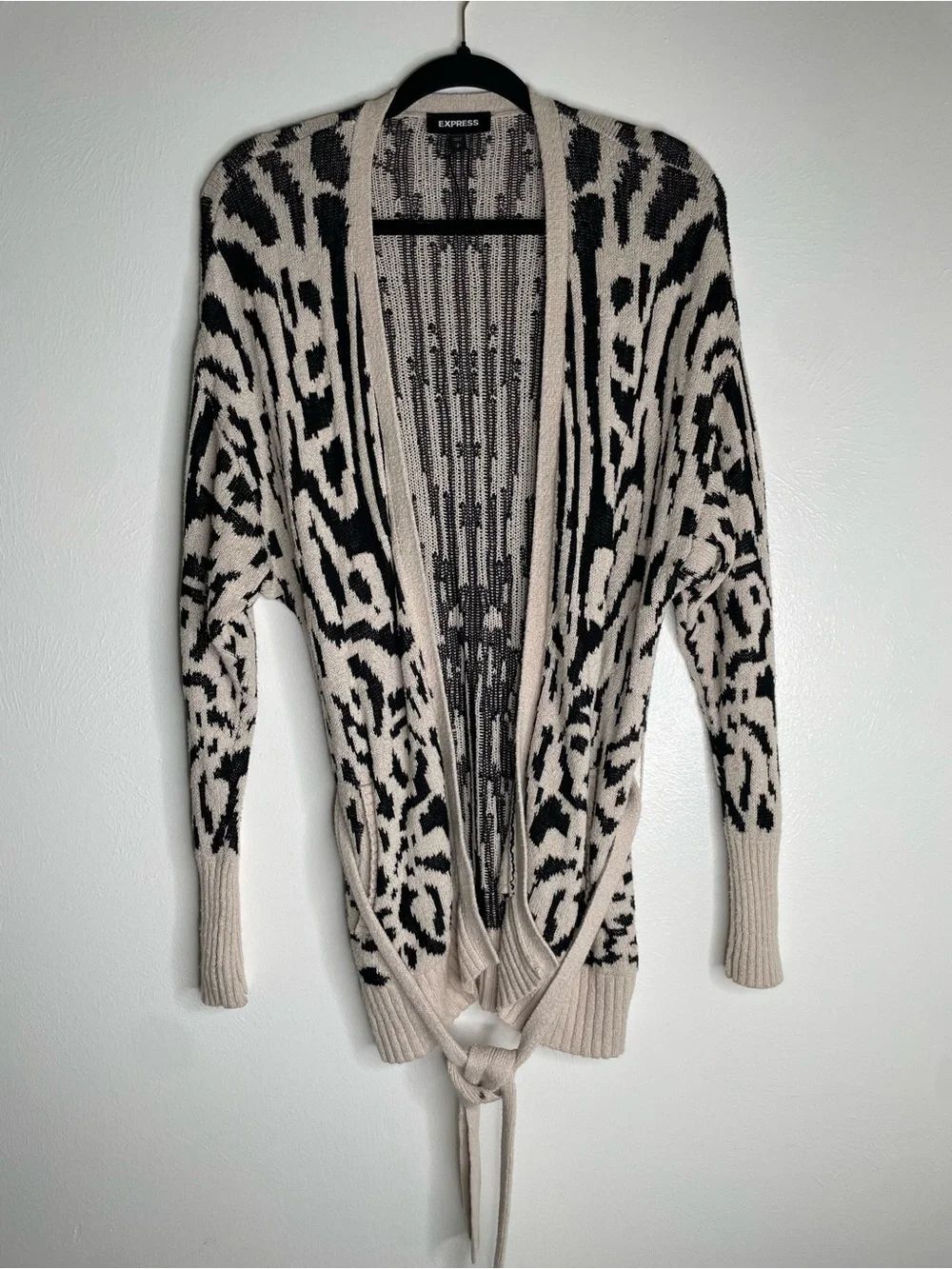 Express Beige and Black Animal-Print Open-Front Cardigan with Tie